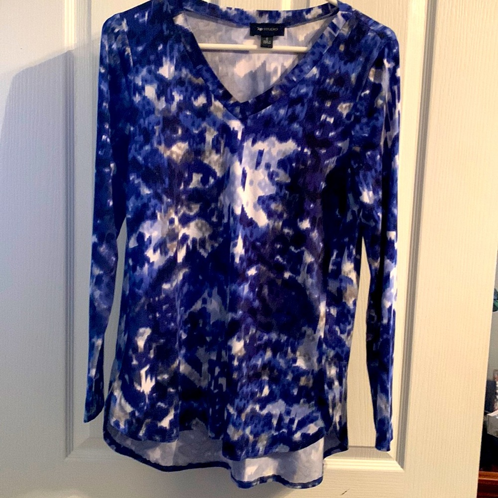AB Studio Blue, White, Black Marble Long Sleeve Women’s Shirt Size Small